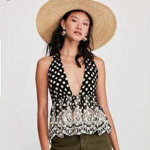 Free People Lunch Date Polka Dot Cutwork Embroidered Halter Top | Black | XS